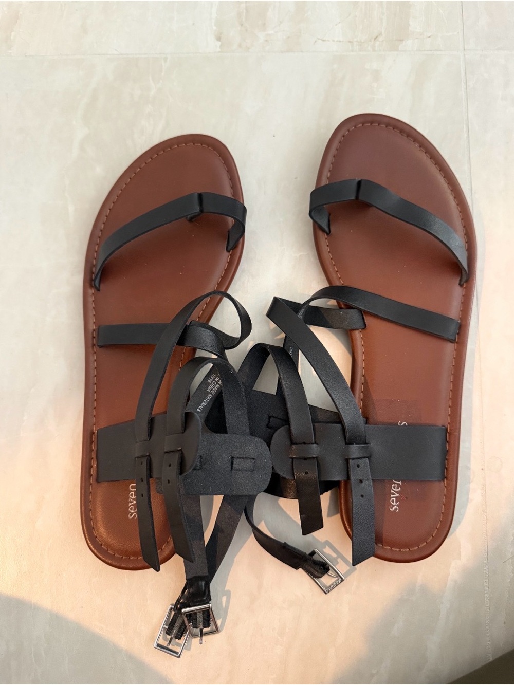 Seven Dials Brown Footbed Black Strappy Lace-Up Sandals